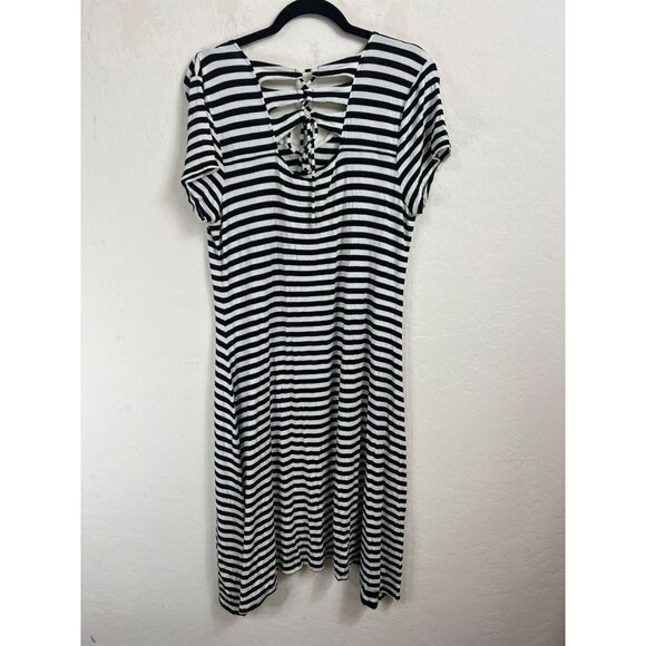 Chicos Sz 2 (US 12) V Neck T Shirt Midi Dress Black White Horizontal Stripe Fun - Picture 4 of 8